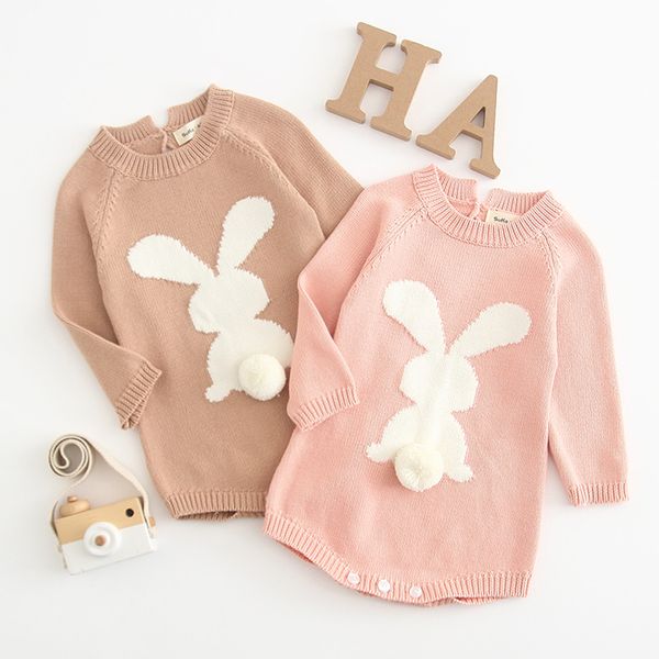

newborn baby girl cartoon knitting rabbit pom sweater romper bodysuit baby long sleeve sweater cute bunny ball tail romper, White