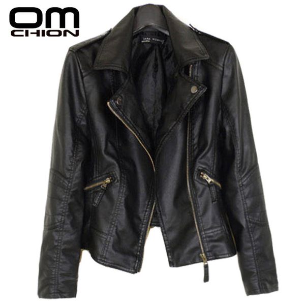 

omchion 2019 осень-зима с отложным воротником женская кожаная куртка черный тонкий мото байкер женские пальто из искусственной кожи пиджаки, Black