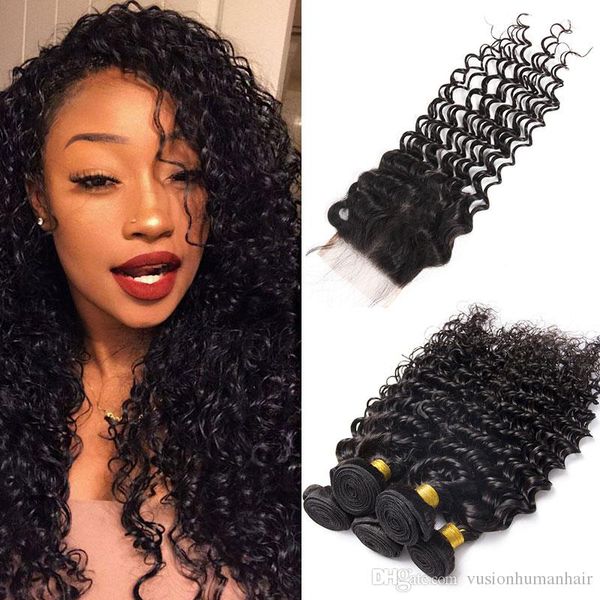 

4 bundles deep curly brazilian hair with closure unprocessed 7a virgin hair natural black human hair weave bundles for wholesale, Black;brown