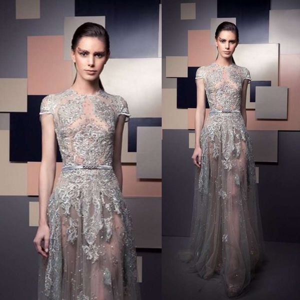 

ziad nakad 2019 prom dresses jewel lace appliques sequins a line evening dress sweep train plus size special occasion gowns, Black