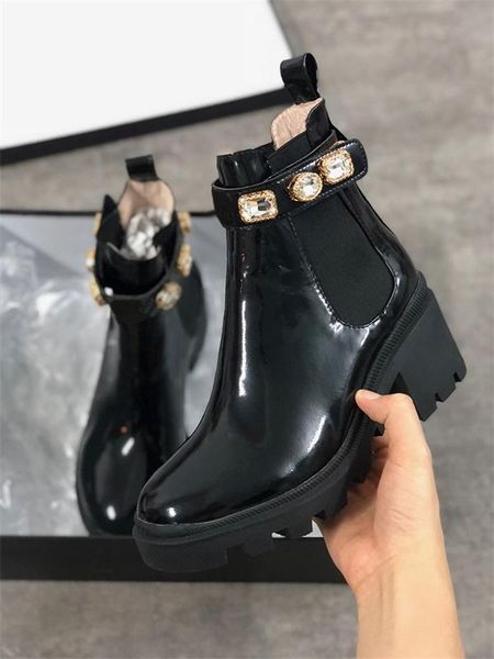 

luxury womens leather embroidered ankle boot designer crystals martin boots sylvie web lace-up ankle boot real leather with diamonds t13, Black