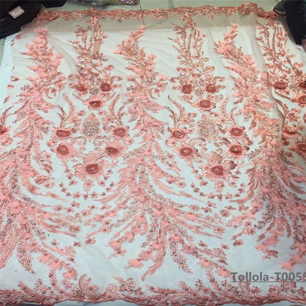 

beaded french african 3d flower lace embroidered fabric 2019 blue stones bridal tulle mesh nigerian wedding laces, Black;white