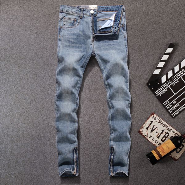 

american streetwear men jeans blue color slim fit casual denim pants ankle zipper elastic jeans men hip hop homme