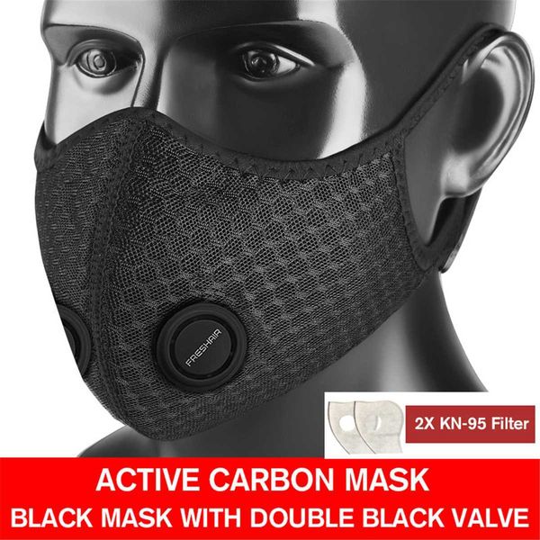 

1/5set kn-95 anti pm2.5 dust mask windproof mask double blue valve with 2x filter cycling sport bicycle bike sport face mask
