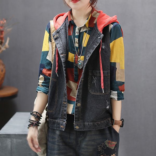 

women denim jacket sleeveless hooded outwear big loose for autumn casual fashion solid color az46182118, Black;brown