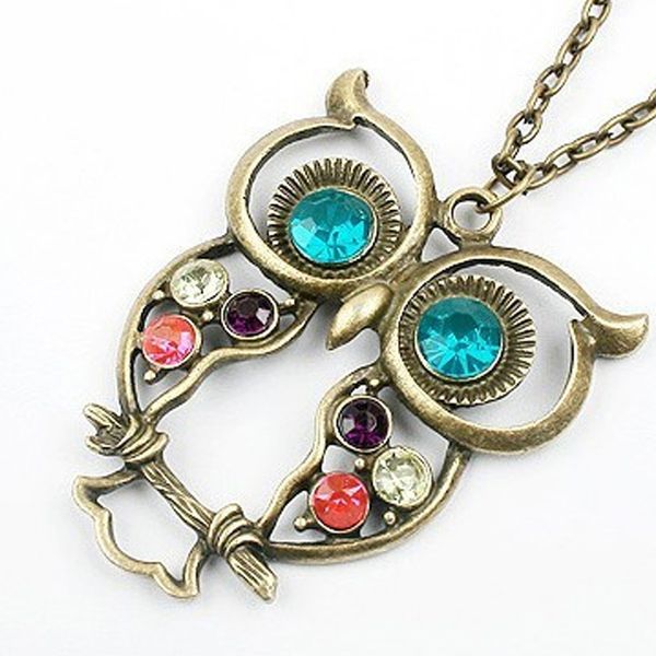

women girls fashion trendy cute big blue eye owl design crystal sweater necklace with long chain jewelry, Silver