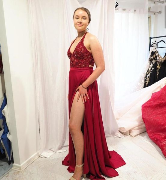 

2020 prom dresses long red wine halter side slit women party dress chiffon shining squins stunning backless sleeveless split, White;black