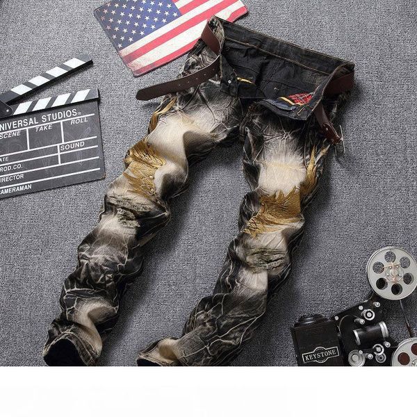 

2018 men jeans ripped biker hole denim robin patch harem straight punk rock embroidery jeans for men pants jeans with broken wings high, Blue