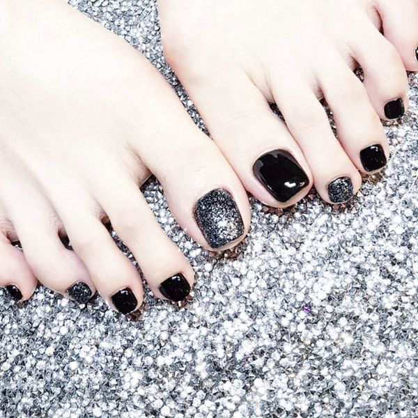 

24pcs/set silver & black fake toe nail women press on toenails manicure decorations full cover false toenail diy with nail glue, Red;gold