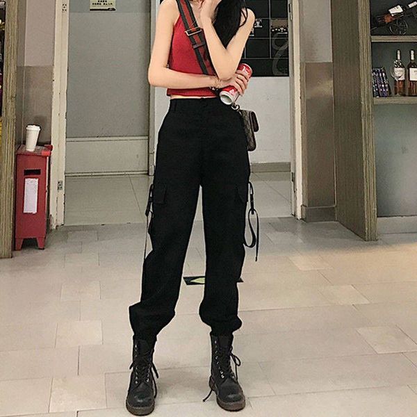 

2020 ins cargo pants women loose pants, korean preppy style harun legged sports casual pants, hip hop high waisted trousers, Black;white