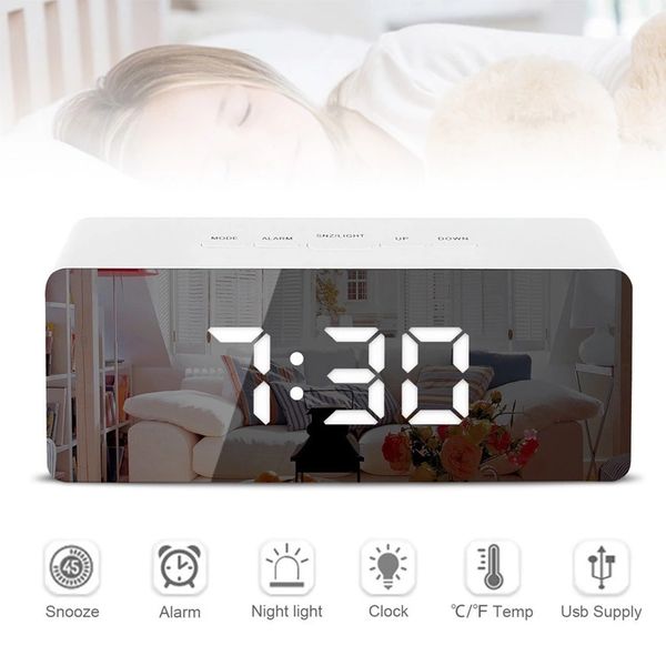 

mirror alarm clock electronic large time temperature display digital snooze table clock usb charging multifunction desk clocks