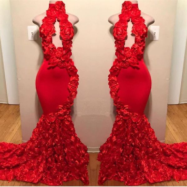 

2019 red high neck lace mermaid long prom dresses keyhole 3d rose floral applique sweep train party evening gowns bc1038, Black