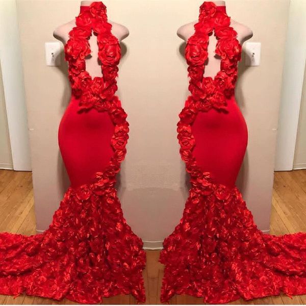 2019 Vermelho de Alta Neck Lace Sereia Longo Vestidos de Baile Keyhole 3D Subiu Floral Applique Sweep Train Partido Evening Vestidos BC1038