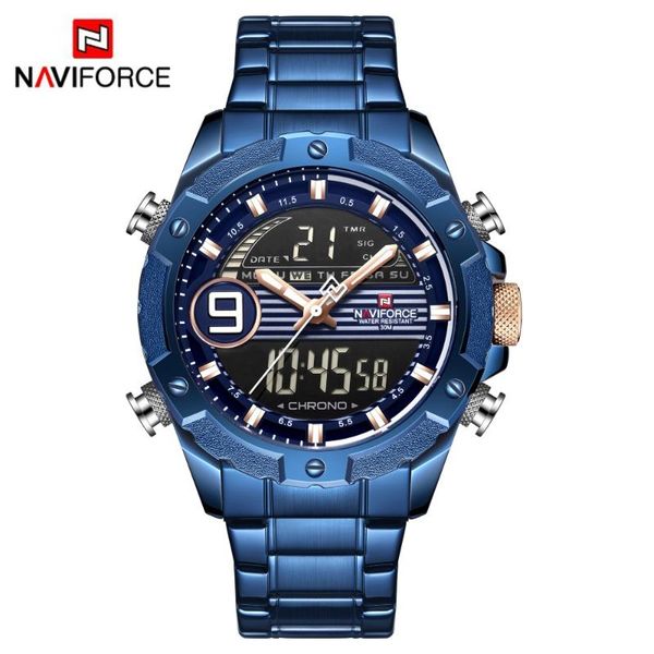 

2019 men watch naviforce casual sports digital chronograph dual display stainless steel quartz waterproof wristwatches, Slivery;brown