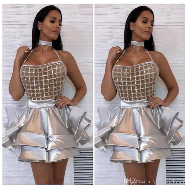 

halter sliver short cocktail dresses beading sequins ruffles tiered night club prom gowns mini evening party dress vestidos de soiree, Black