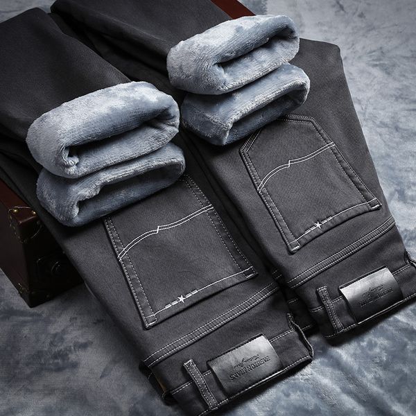 

slim fleece denim trousers male men's warm jeans business casual elasticity skinny grey jean, Blue