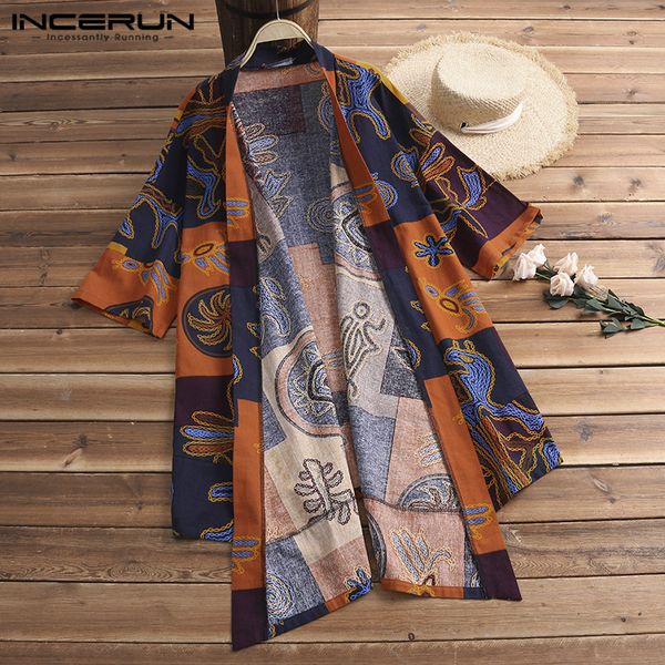 

fashion cardigan ethnic mens trench cloak half sleeve shirts harajuku kimono hombre vintage chinese men clothing chemise, Tan;black