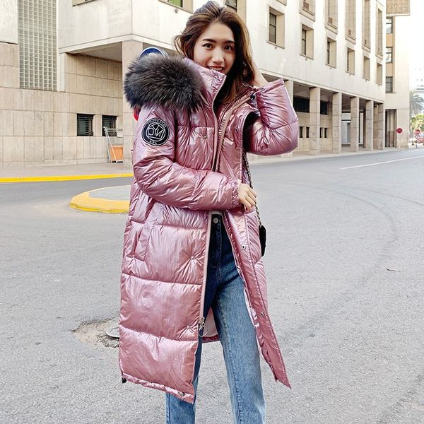 

new winter jacket women warm thicken hooded with fur long coat shining fabric stylish female parka warm, Black