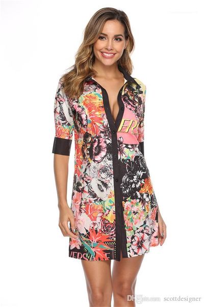 

summer designer long shirt dress lapel neck night club fashion feamle caual clothing folra print womens, Black;gray