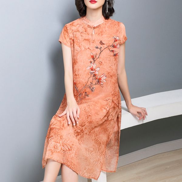 

plus size 6xl elegant silk blend dress 2019 summer casual vintage stand women dresses fashion patchwork print dresses vestidos, Black;gray