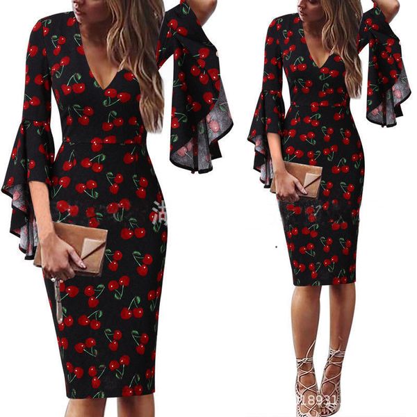 

женская bodycon с длинным рукавом мини-платье дамы партия лето тонкий глубокий v-образным вырезом 3/4 flare рукавом черри печати праздник ми, Black;gray
