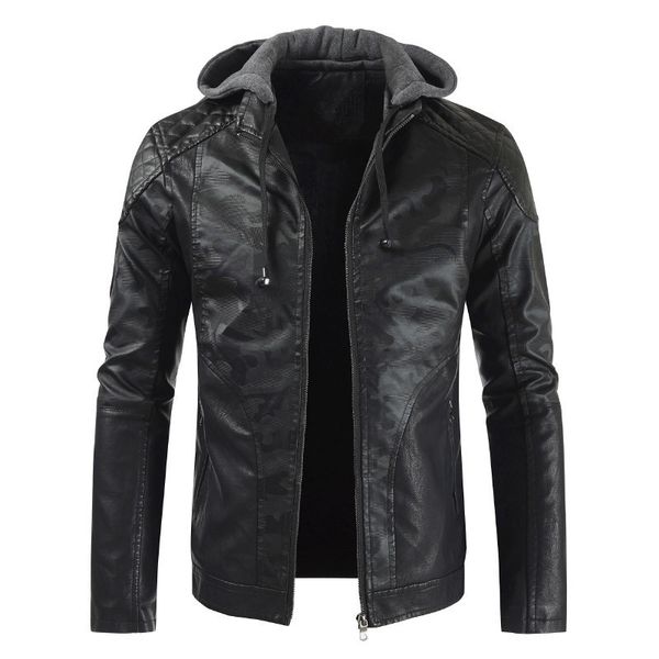 

autumn and winter quality men's leather jacket plus velvet slim motorcycle solid color hooded pu leather windproof coat m-3xl, Black