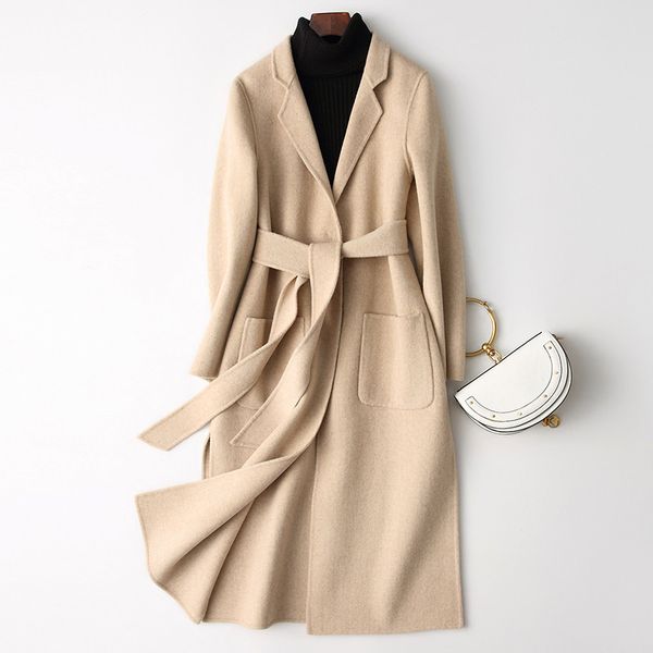 

women wool coat autumn winter causal adjustable waist belt long sleeve female double side woolen coat long overcoat outwear r819, Black