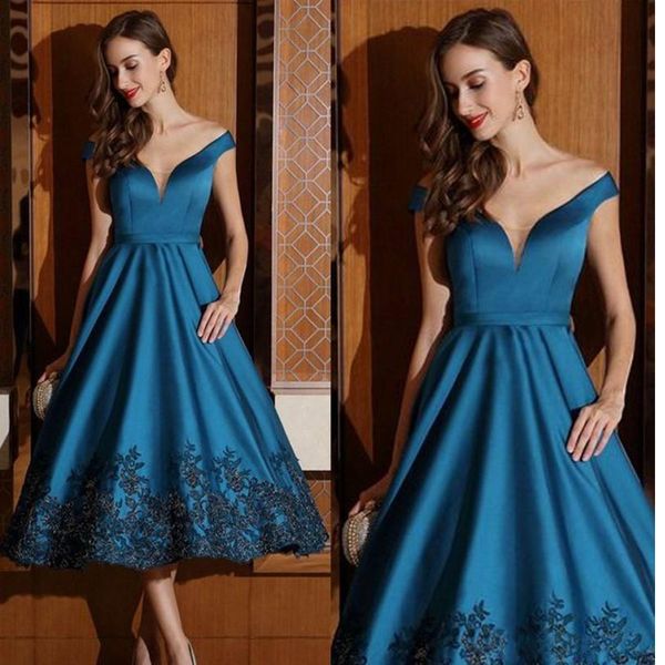 

teal blue black lace appliques evening dresses a line off shoulders tea length short prom formal gowns special occasion cocktail party cheap, Black;red