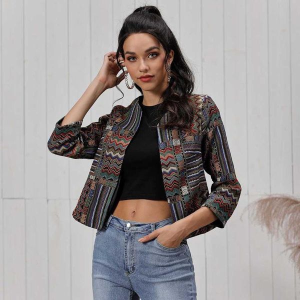 

2019 women jackets vintage irregular print collarless outwear long sleeve jacket short coat female clothes streetwear new, Black;brown