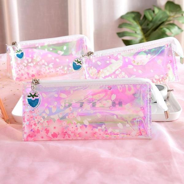 

fashionable cool reflective student laser sequined pencil cherry cherry bag bag transparent zipper pencil storage case b6f3