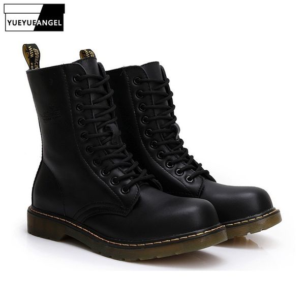 

vintage lace up flat boots men autumn casual round toe leather military boots safety shoes botas masculina, Black