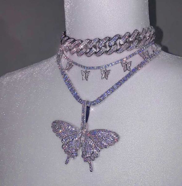 

silver iced out women jewelry hip hop bling tennis chain choker 5a cz paved butterfly pendant necklace