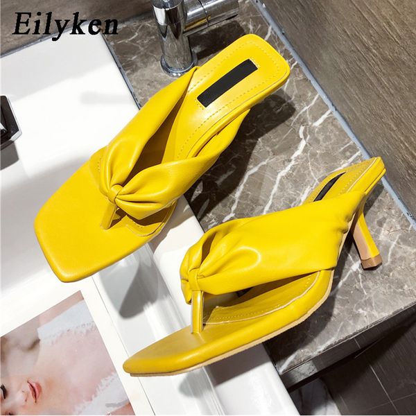 

eilyken fashion elegant women slippers solid soft leather flip flop thin high heel square toe dress sandals shoes, Black