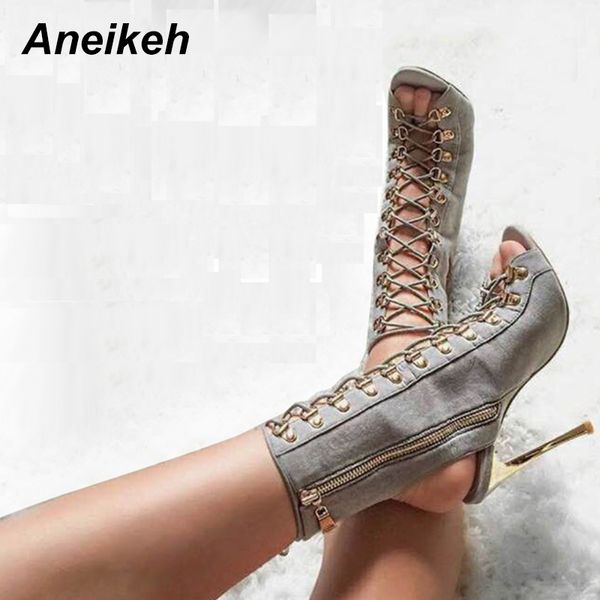 

aneikeh new spring women shoes 2018 peep toe booties high heels women's shoes ankle boots rivets cross-tied slingback sandals, Black