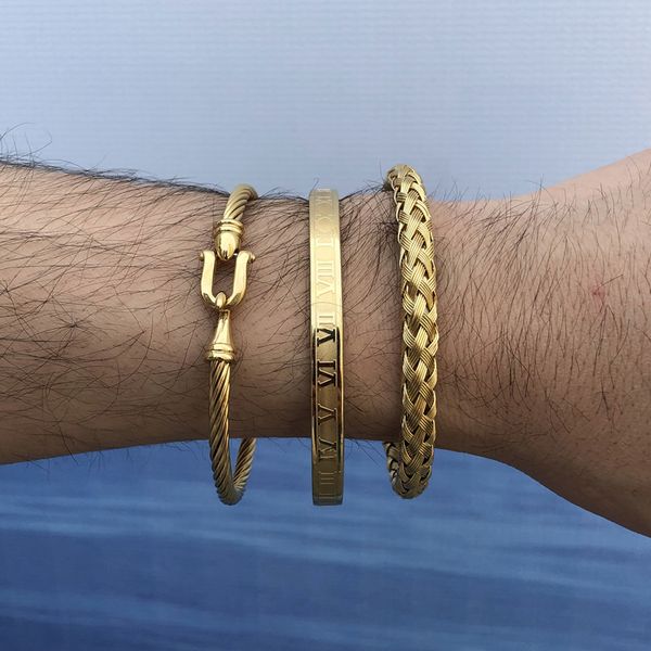 

3pcs/set royal roman bracelets & bangles cable wire love bangles for men stainless steel pulseira men jewelry accessories, Black