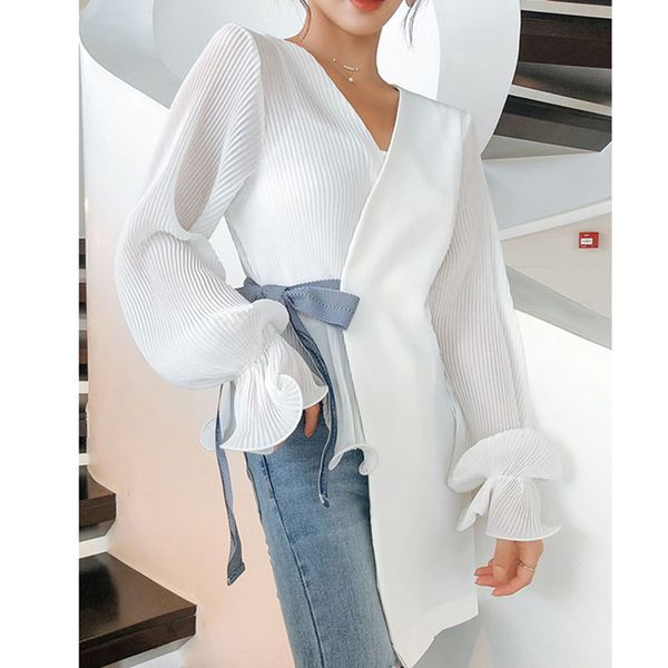

2019 high street designer blouse women's asymmetrical wrap blouse top, White