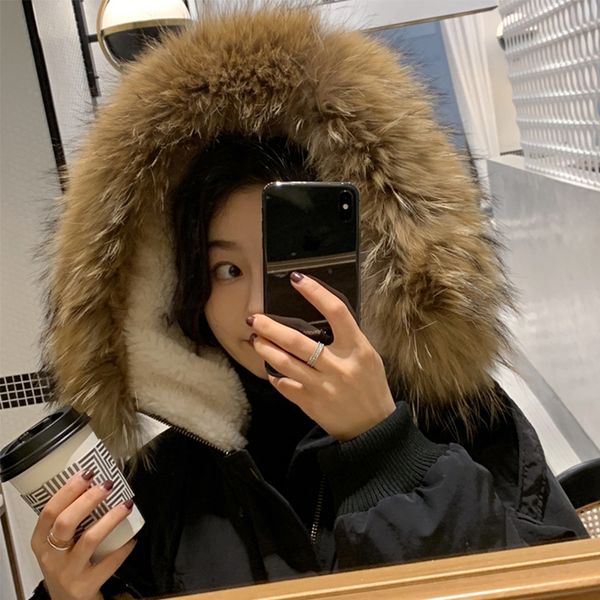 

women's down jacket lamb hair in a hat neck heating big fur collar white duck down casual warmth parka women winter jackets, Black