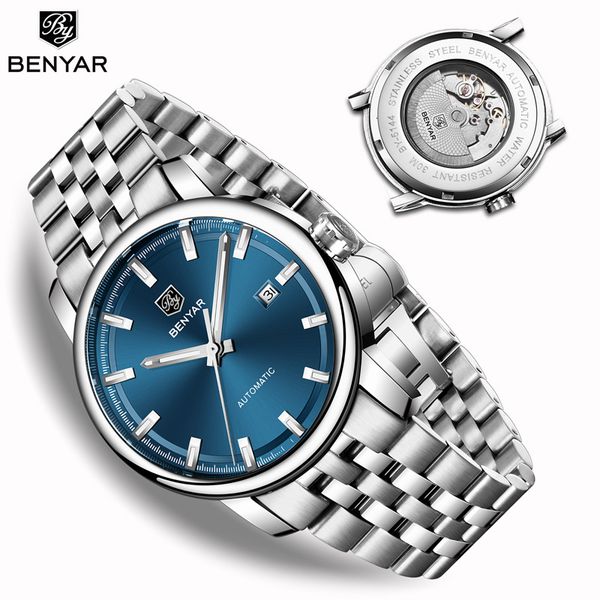 

нью-benyar мужские механические часы автоматические мужские часы top brand luxury часы мужчин wristwatch военный relogio 2019 ly191206 мужчи, Slivery;brown