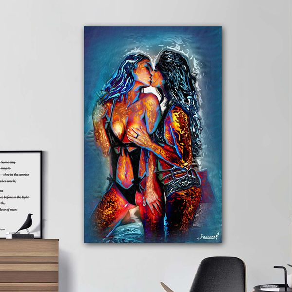 

two girl kissing abstract portrait oil paintings wall art canvas picture for living room bedroom modern decoration 191005