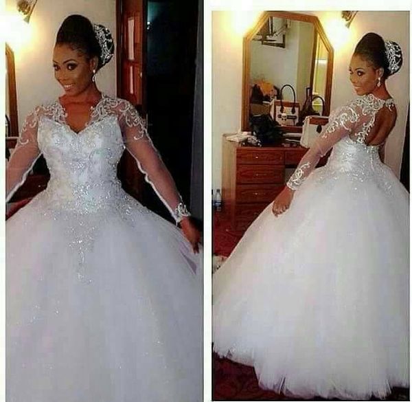 Branco tulle v pescoço princesa sheer manga longa bilhão vestido de bola vestidos de casamento plus tamanho Africano Sweetheart vestidos nupciais com grânulos 2019