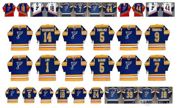 

vintage st. louis blues jersey 14 doug wickenheiser 5 alain vigneault 9 turnbull 5 rob ramage 7 joe mullen mike liut guy lapointe ccm hockey, Black;red