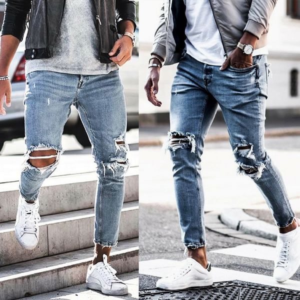 

mens spring new ripped jeans denim blue holes hombres street clothing casual long pencil pants