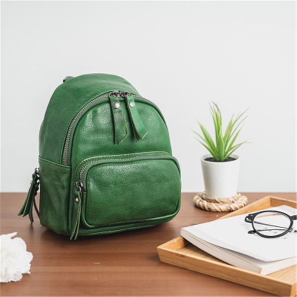 

women small cute genuine leather green backpack for female girl mini luxury cowhide shoulder bag