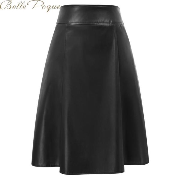 

belle poque high waist pockets leather skirts women pleated elegant office midi skirts female elastic a line ladies skirt, Black