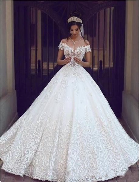 

2019 arabic dubai plus size full lace ball gown wedding dresses bridal gowns abendkleider short sleeve wedding dress robe, White