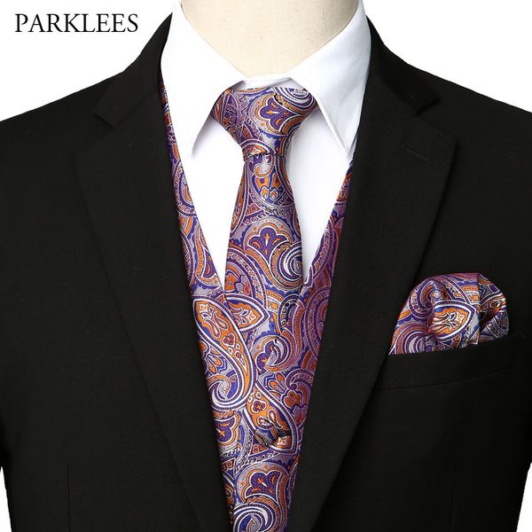 

mens wedding party waistcoat men 3pcs vest necktie handkerchief set 2019 brand new elegant paisley dress vests chaleco hombre, Black;white