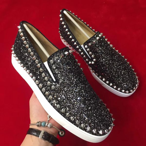 

designer style rhinestones red bottom shoes mens slip on loafers shoes women,men walking shoes,oxford walking casual flats shoes eu35-47, Black