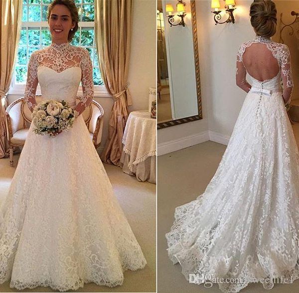 

2020 elegant lace wedding dresses long sleeves backless a line bridal gown bohemian bride dress vintage robes de mariÃ©e, White