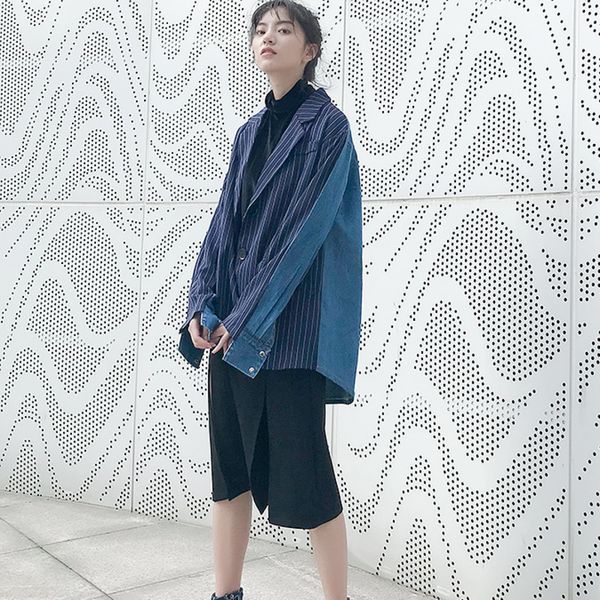 

ewq] 2019 new spring autumn fashion loose long sleeve lapel single breasted striped split joint denim pocket coat woman bl478, Black;brown
