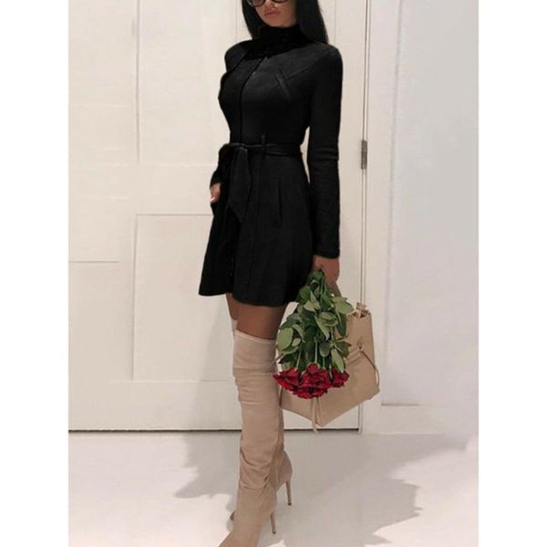 

women fashion suede fabric trench coat autumn warm fashion jacket open cardigan coat ladies turtleneck adjustable waist outwear, Tan;black